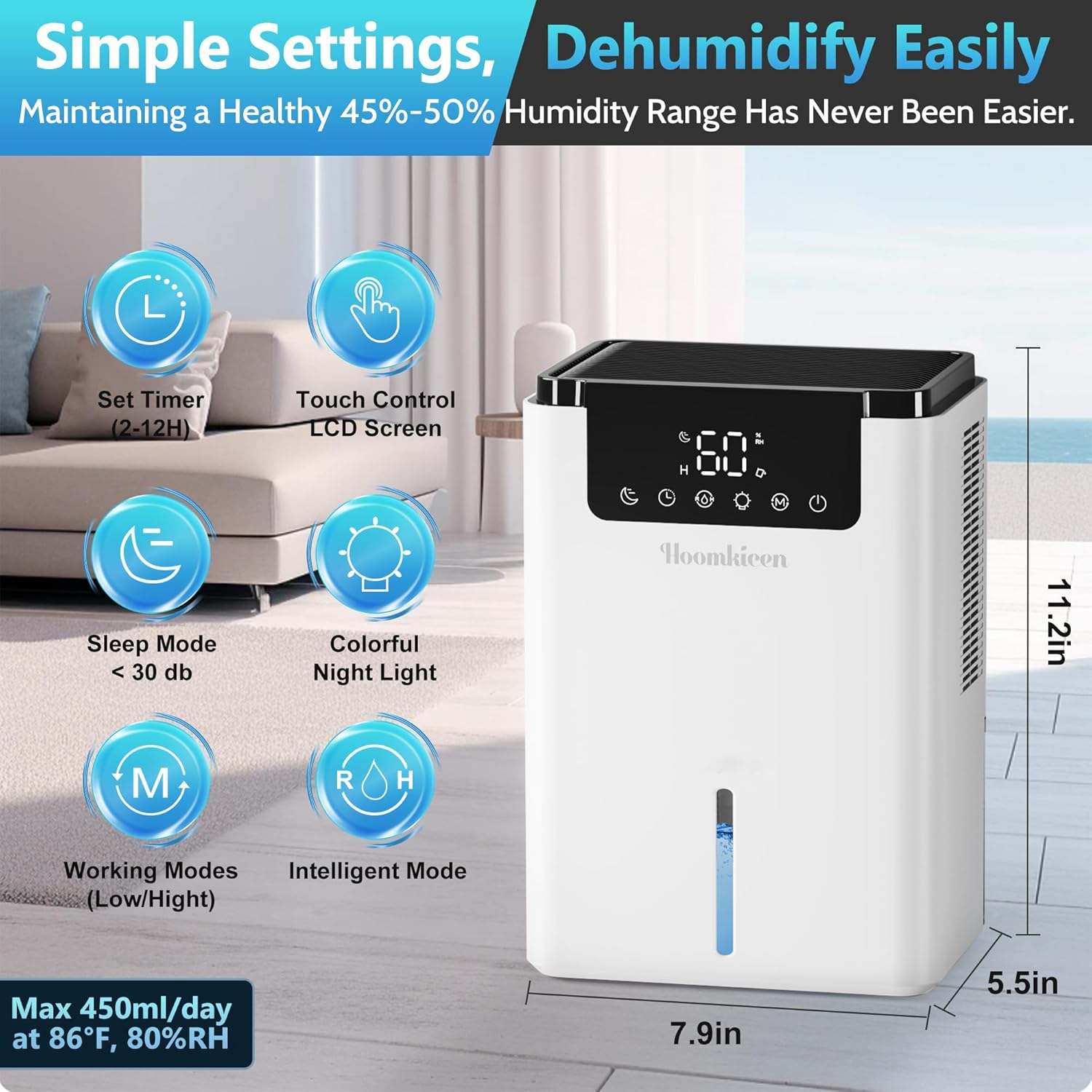 Dehumidifier for Bedroom, 68 oz 500Sq.ft Dehumidifiers with Touch Control LCD Screen Timer Auto-Off, Automatic Defrost, Portable Small Dehumidifier for Home, Bathroom, RV, Basement