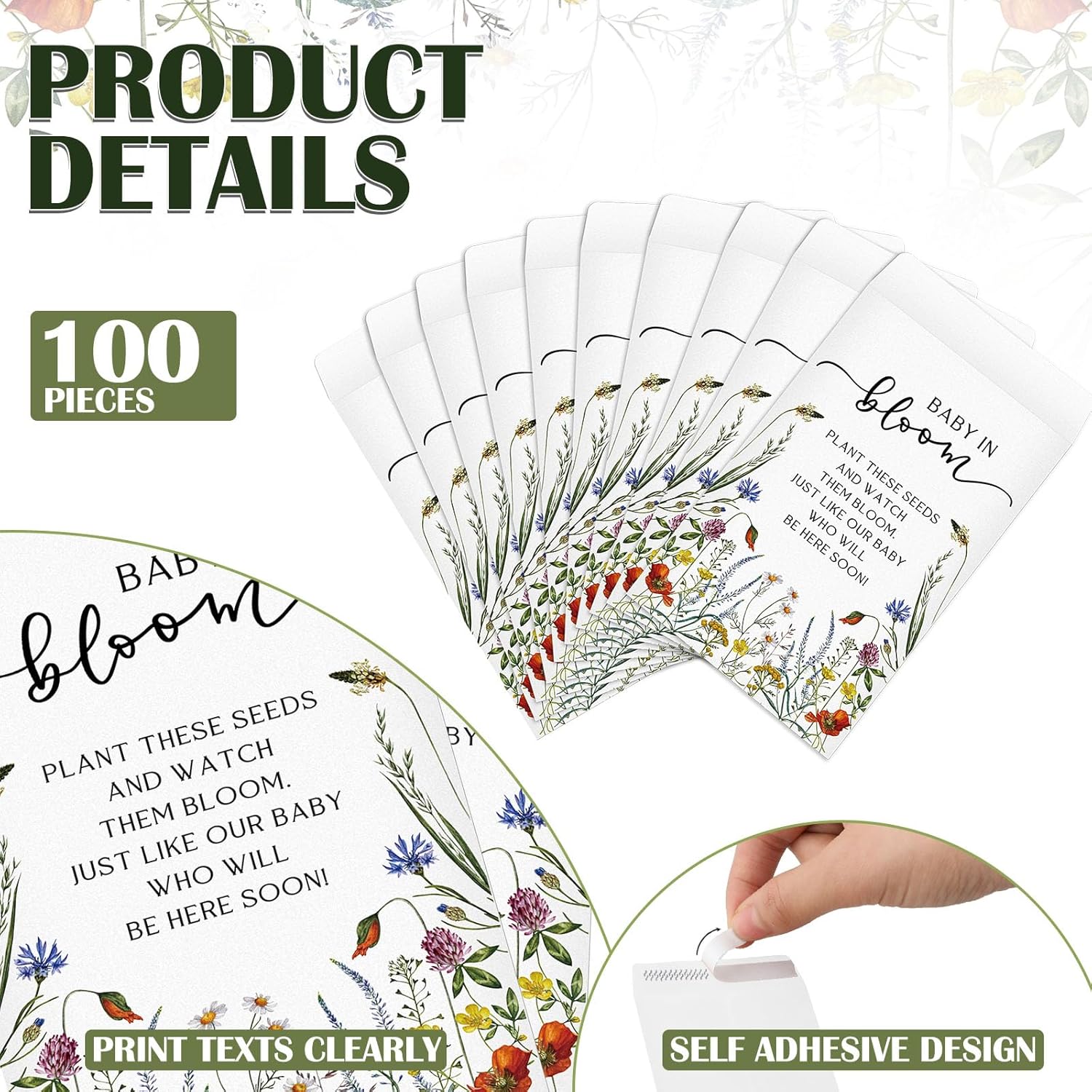 Fumete 100 Pcs Baby in Bloom Seed Packet Favors Wildflower Baby Shower Self Adhesive Envelopes for Guests Flower Packet Kraft Mini Organizer Decorations for Party Gift Favors, No Seeds (Wildflower) - Open Box