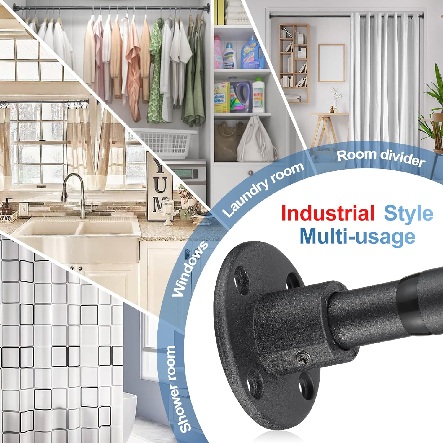 Heavy Duty Shower Rod - Industrial Shower Curtain Rod Wall Mounted for Bathroom,Room Divider,Outdoor Patio - 28 to 62"Adjustable Closet Rod for Hanging Clothes,Black  - Open Box