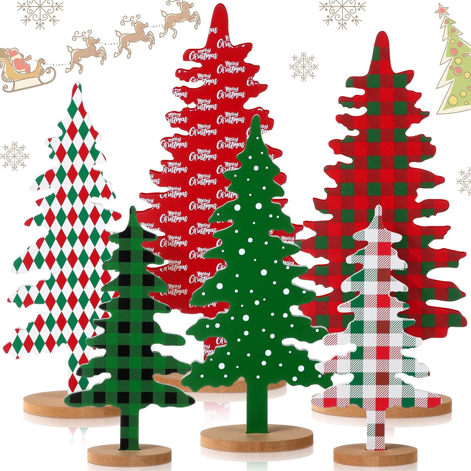 6 Pieces Wood Christmas Tree Sign Decor Farmhouse Christmas Decorative Freestanding Trees Christmas Tiered Tray Decor Tabletop Christmas Tree for Home Office Party Xmas Centerpieces (Red Green Tree) - Open Box