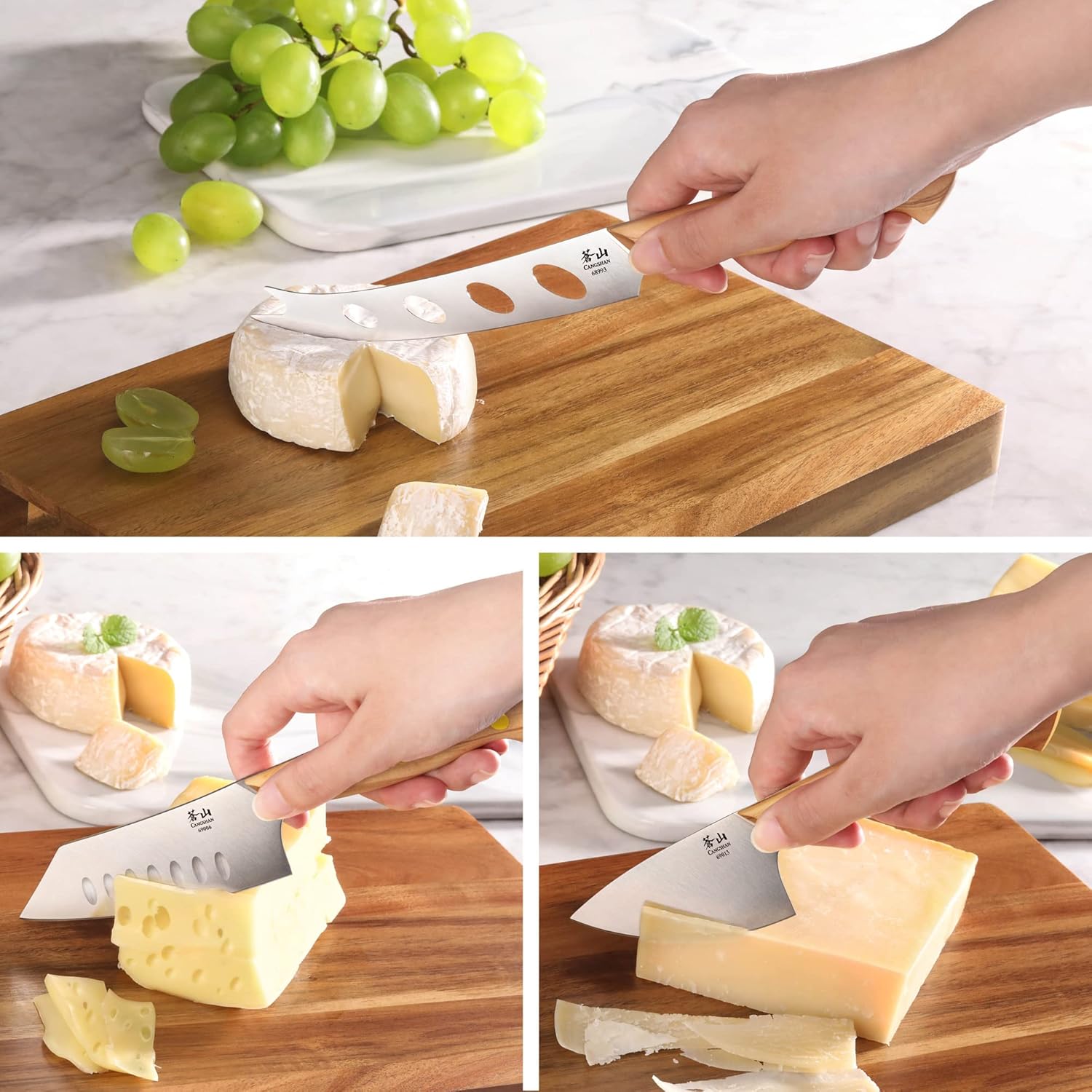 Cangshan 1027327 3-Piece Olive Wood Cheese Knife Set with Acacia Cheese Board