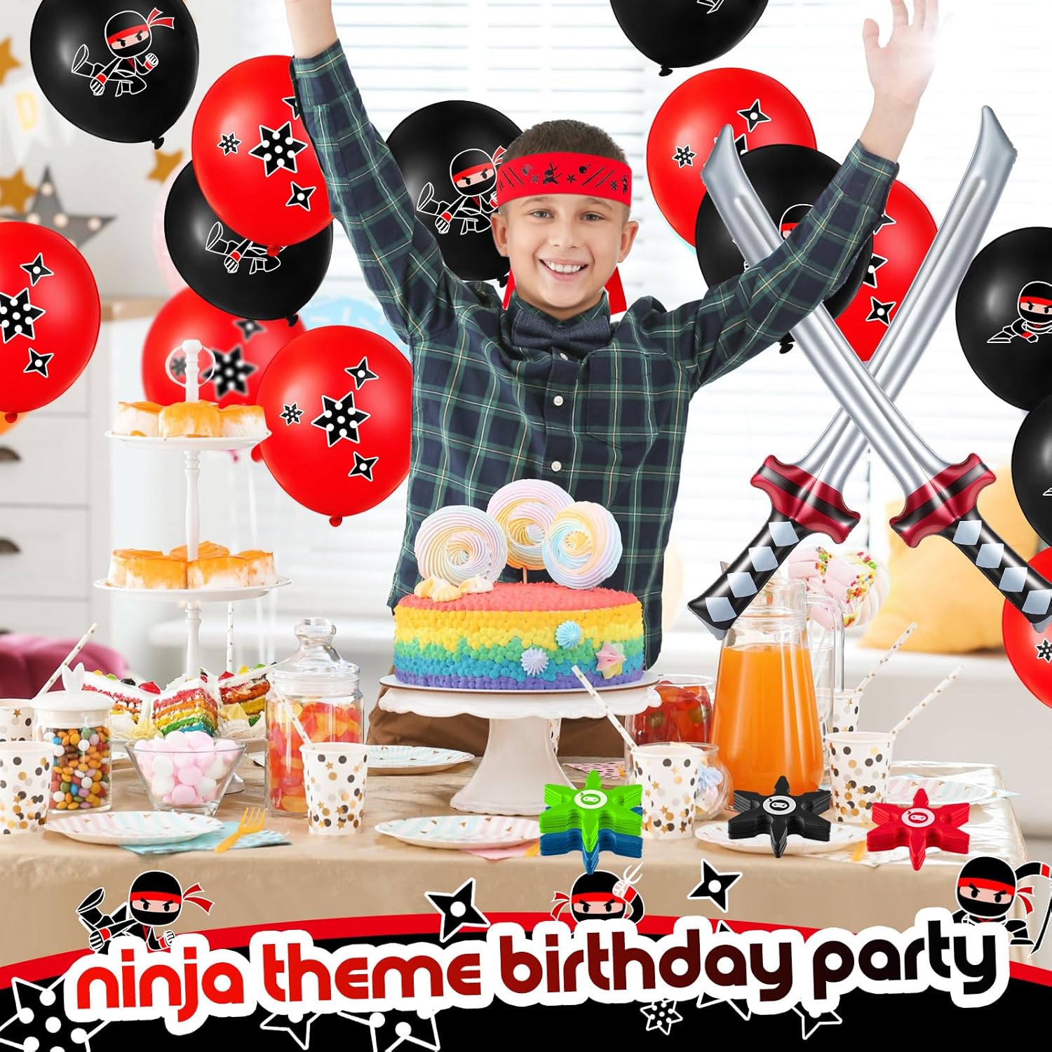 Deekin 48 Pcs Ninja Karate Party Favors Includes Inflatable Sword,Throwing Foam Star Toys,Karate Headbands for Ninja Theme Party Decorations Goodie Bag Fillers Gifts Boys Girls Costume Accessories - Open Box