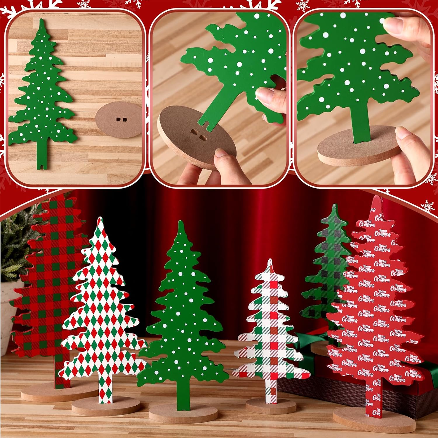 6 Pieces Wood Christmas Tree Sign Decor Farmhouse Christmas Decorative Freestanding Trees Christmas Tiered Tray Decor Tabletop Christmas Tree for Home Office Party Xmas Centerpieces (Red Green Tree) - Open Box