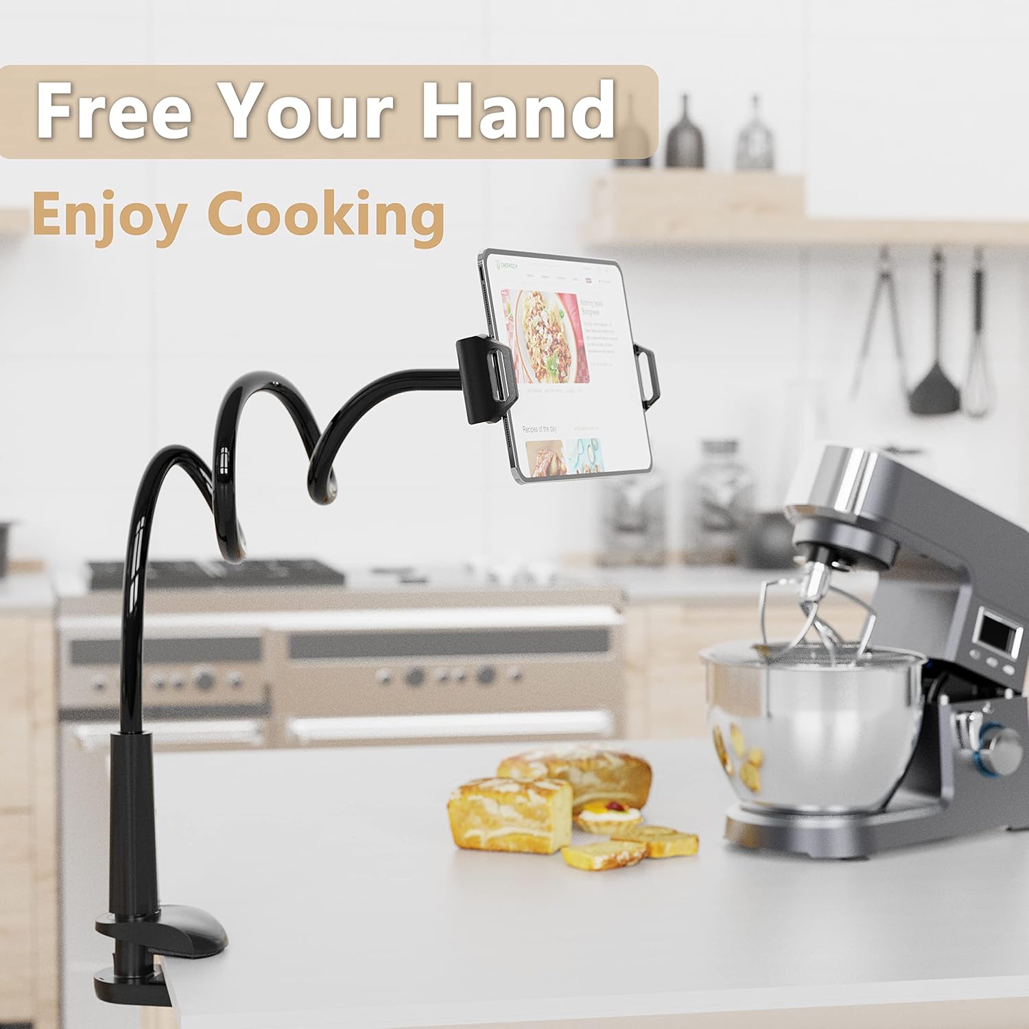 Tablet Stand Holder, Mount Holder Clip with Grip Flexible Long Arm Gooseneck Compatible with ipad iPhone/Nintendo Switch/Samsung Galaxy Tabs/Amazon Kindle Fire HD - Black - Open Box