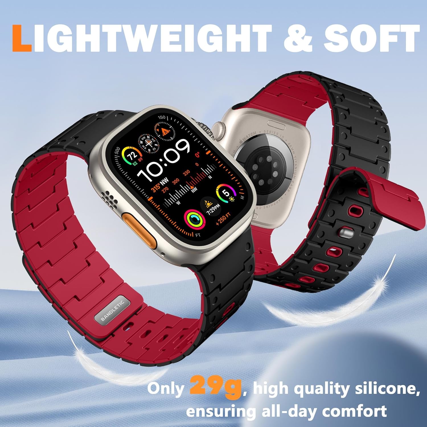 Magnetic Silicone Watch Band Compatible with Apple Watch Series 10 Band 46mm for Men 49mm/45mm/44mm/42mm(3/2/1), Rugged Soft Silicone Sport Watchband for iWatch SE2/SE/9/8/7/6/5/4, Black/Red - Open Box