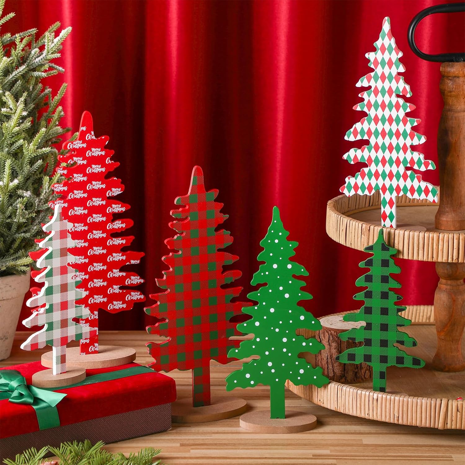 6 Pieces Wood Christmas Tree Sign Decor Farmhouse Christmas Decorative Freestanding Trees Christmas Tiered Tray Decor Tabletop Christmas Tree for Home Office Party Xmas Centerpieces (Red Green Tree) - Open Box