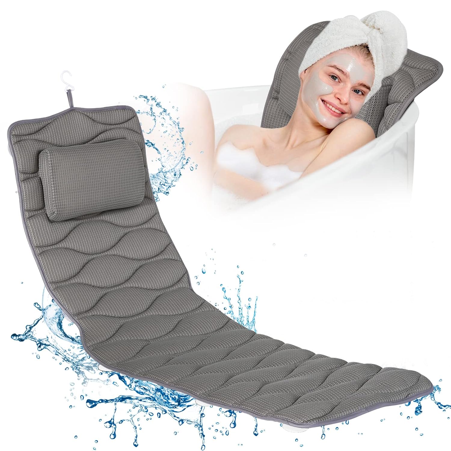 OMYSTYLE Full Body Bath Pillow, Bath Pillows for tub with Mesh Washing Bag & 21 Non-Slip Suction Cups, Spa Bathtub for Head Neck Shoulder and Back Support - 5D Air Mesh & Quick Drying | Gray  - Open Box