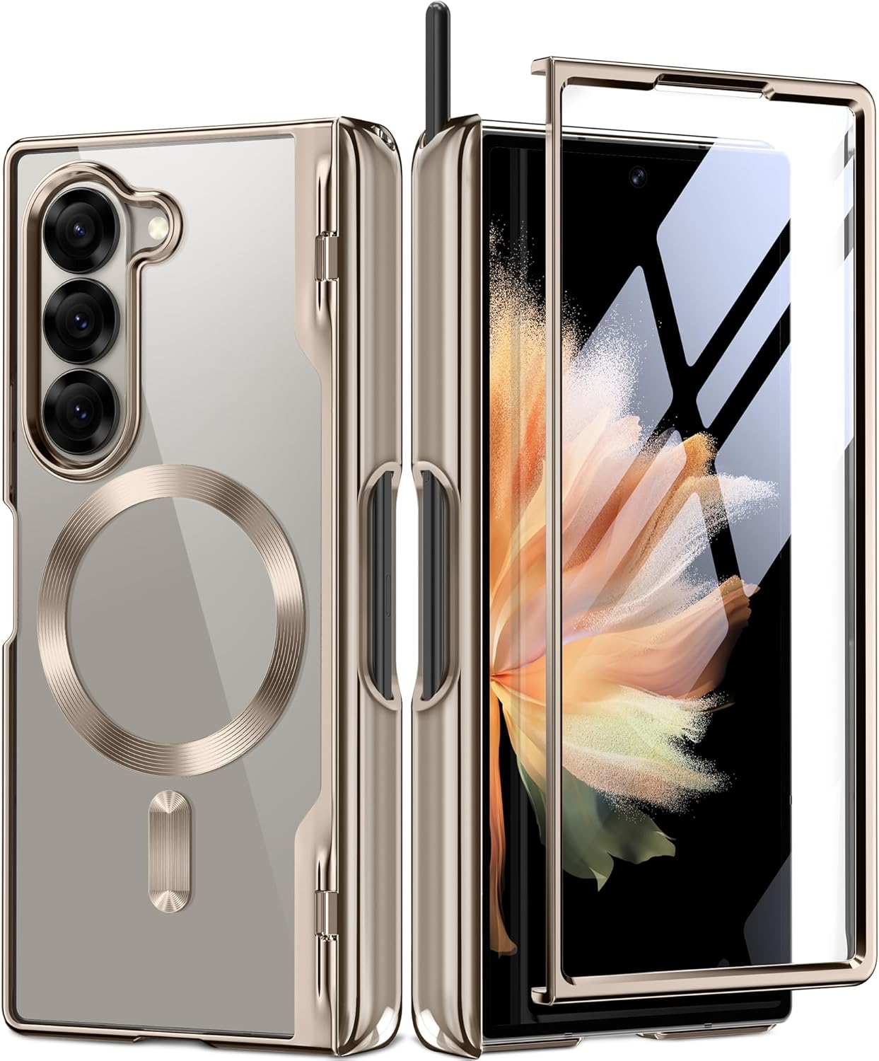 BERFY Upgraded Magnetic for Z Fold 6 Case with S Pen Holder, Compatible with Magsafe, [Built-in Screen Protector & Hinge Protection] Full-Body Slim Phone Case for Samsung Galaxy Z Fold 6, Grayish Gold - Open Box