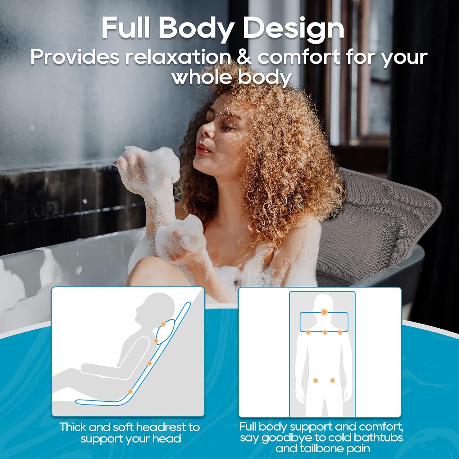 OMYSTYLE Full Body Bath Pillow, Bath Pillows for tub with Mesh Washing Bag & 21 Non-Slip Suction Cups, Spa Bathtub for Head Neck Shoulder and Back Support - 5D Air Mesh & Quick Drying | Gray  - Open Box