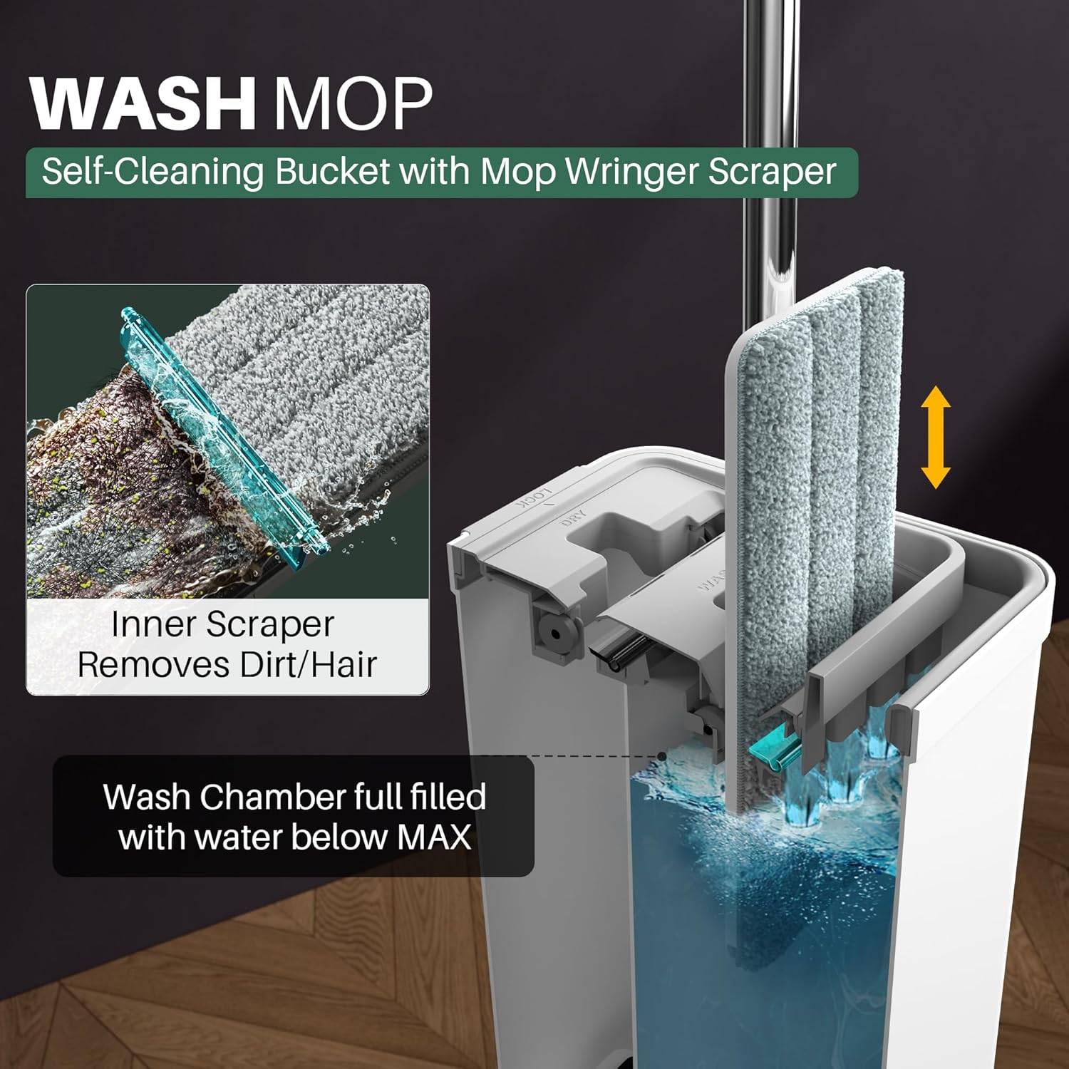 JOYMOOP Mop and Bucket Set with Wringer, Flat Mops for Floor Cleaning, Wall Mop Cleaner with Long Handle, Hardwood Floor Mop with 4 Microfiber Pads - Open Box