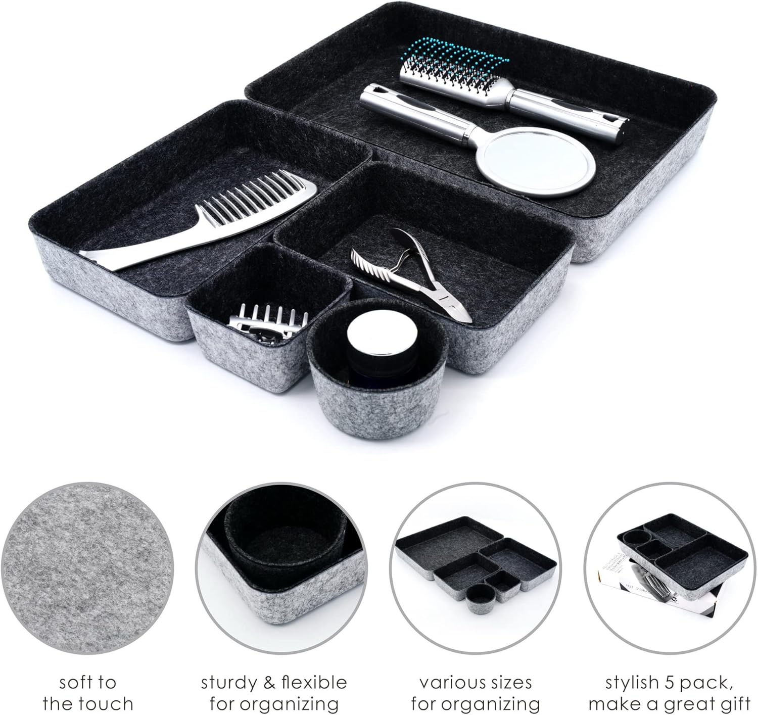 WELAXY Office Desk Drawer Organizer Trays Felt Storage Bins Paper Letter Trays Document File Papers Magazines Sorter Organizing Box Round 5 Piece(Charcoal)