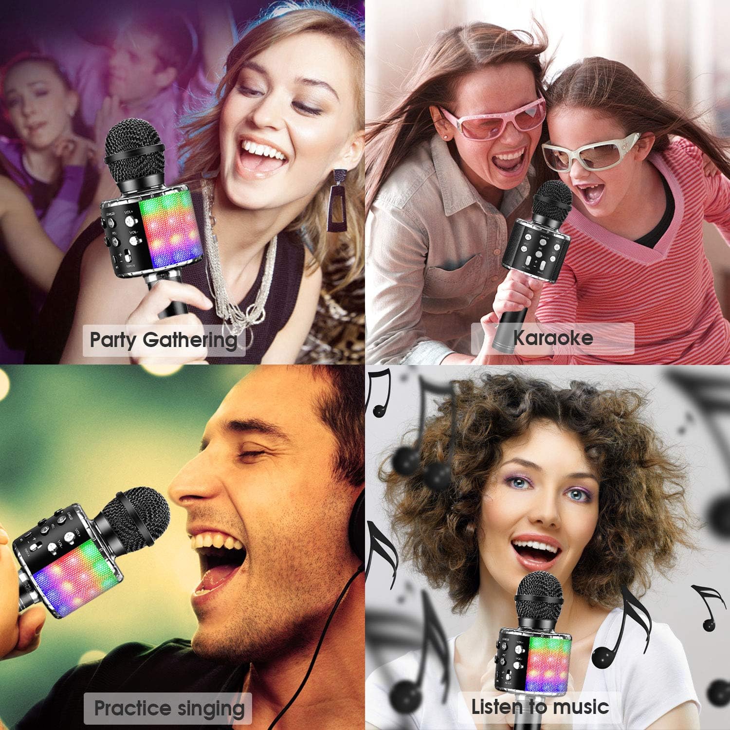 BlueFire 4 in 1 Karaoke Wireless Microphone with LED Lights, Portable Microphone for Kids, Great Gifts Toys for Kids, Girls, Boys and Adults (Black) - Open Box