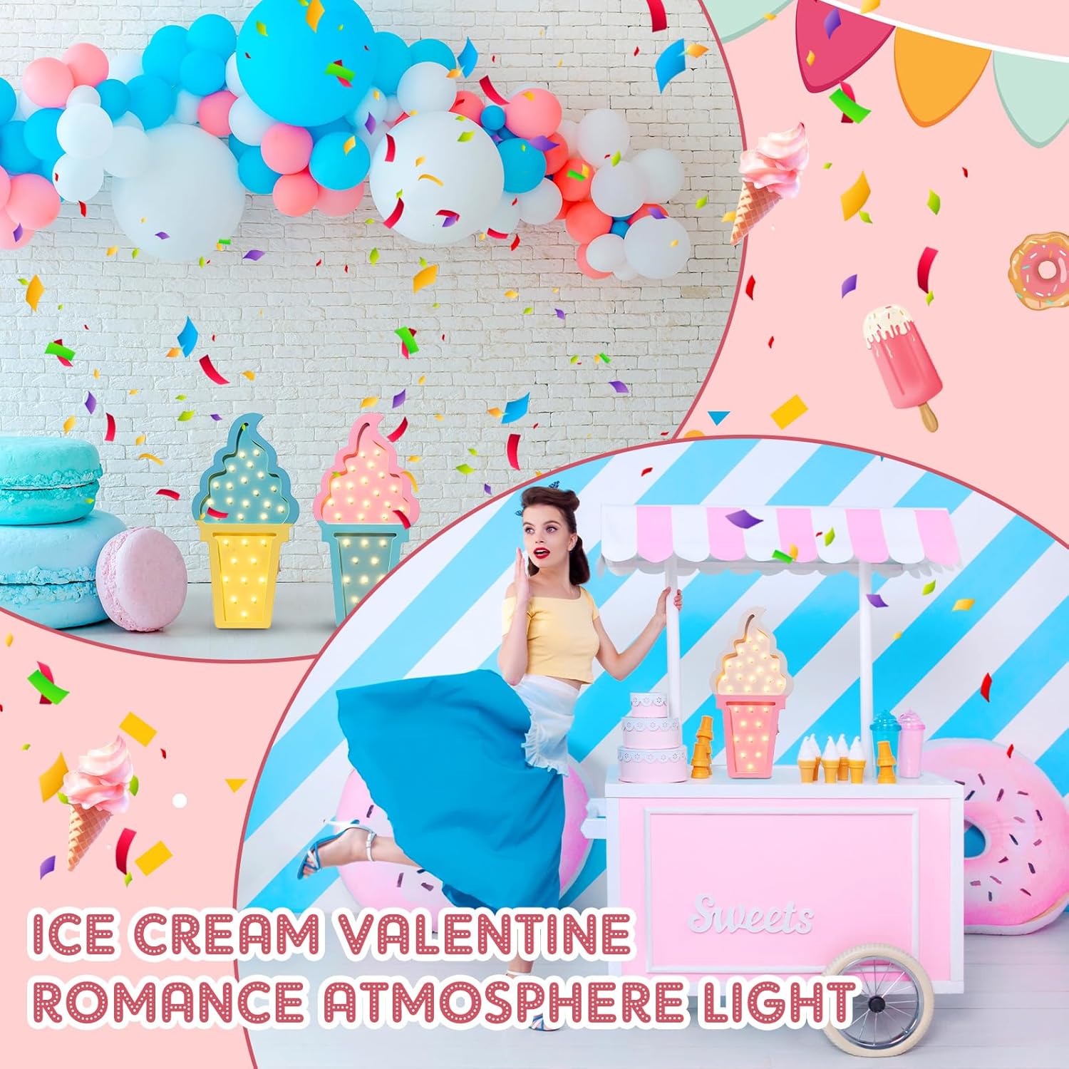 4 Pcs Ice Cream Night Party Decorations LED Lights, Wooden Wall Decor for Baby Showers, Ice Cream Truck Parties, Summer Birthday & Romantic Atmosphere Battery Operated Lamp Set - Open Box