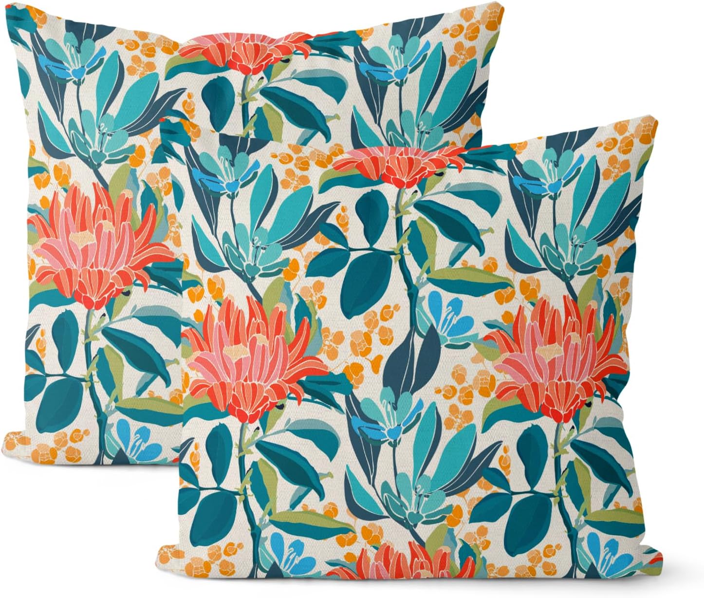 Boho Outdoor Pillow Covers 18x18 Inch 2 Pcs Aqua Teal Coral Colorful Leaf Floral Decor Throw Pillows Cover