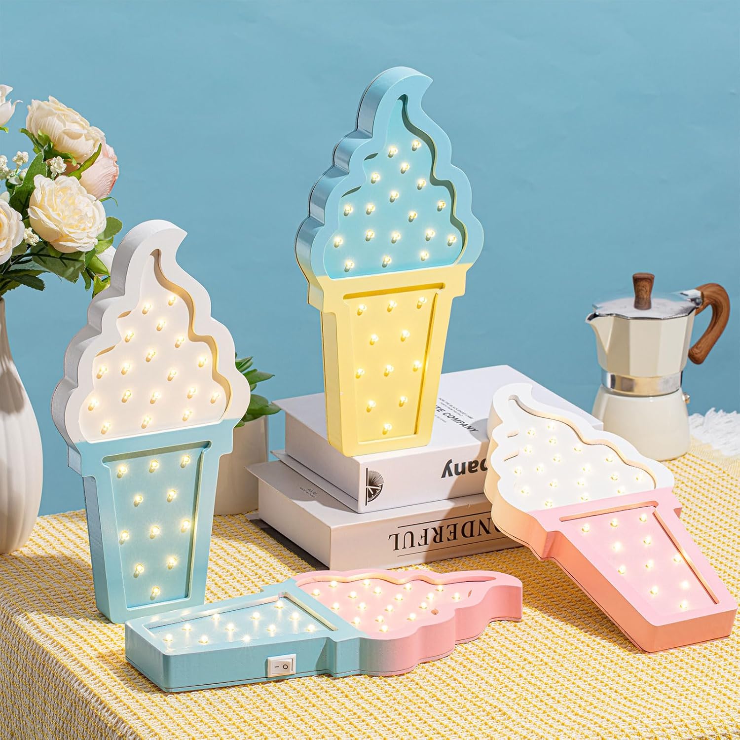 4 Pcs Ice Cream Night Party Decorations LED Lights, Wooden Wall Decor for Baby Showers, Ice Cream Truck Parties, Summer Birthday & Romantic Atmosphere Battery Operated Lamp Set - Open Box