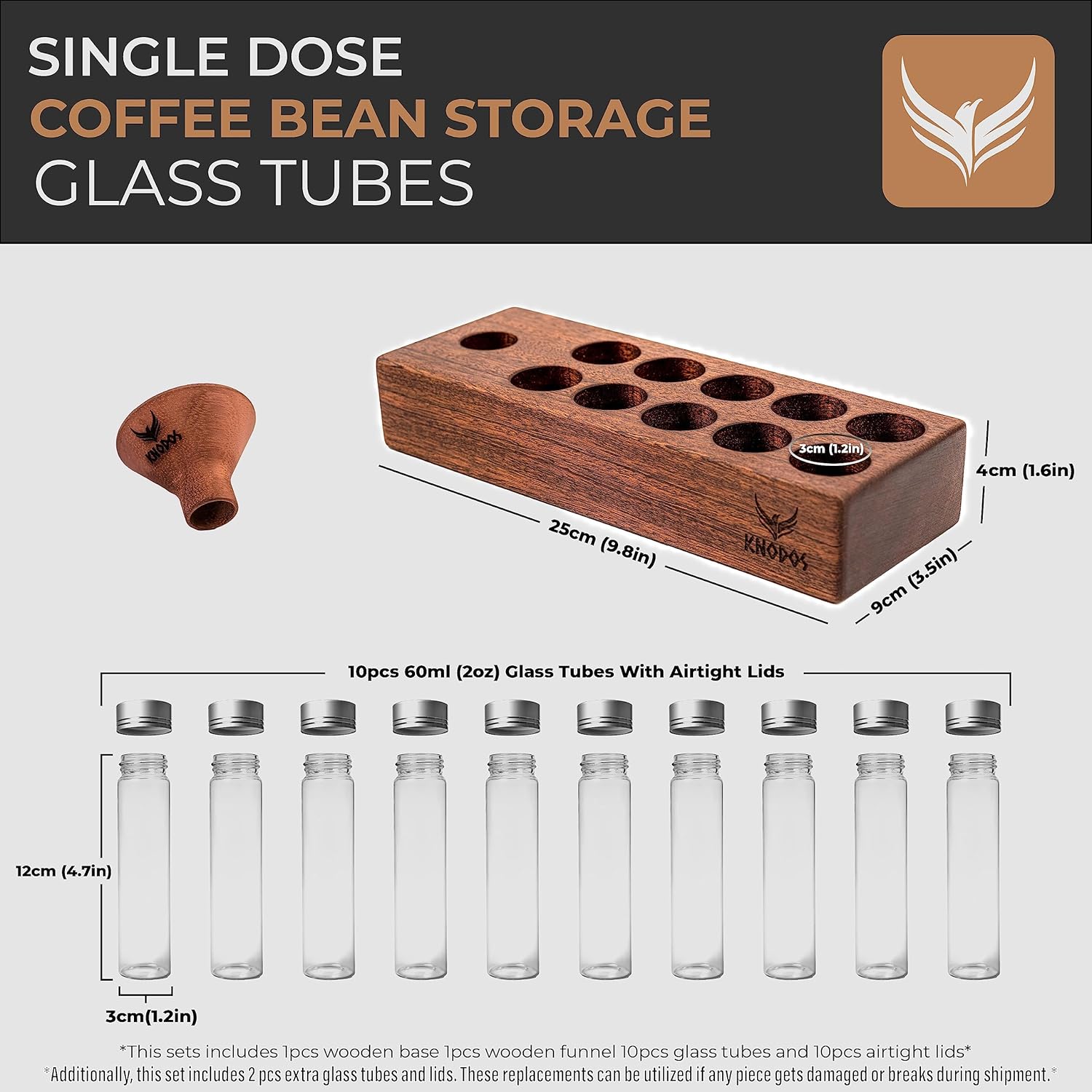 Single Dose Coffee Bean Storage Tubes Coffee Bean Cellar 10 Pcs Dosing Glass Vials With Lids (2 Oz) Wooden Display Stand And Funnel  - Open Box