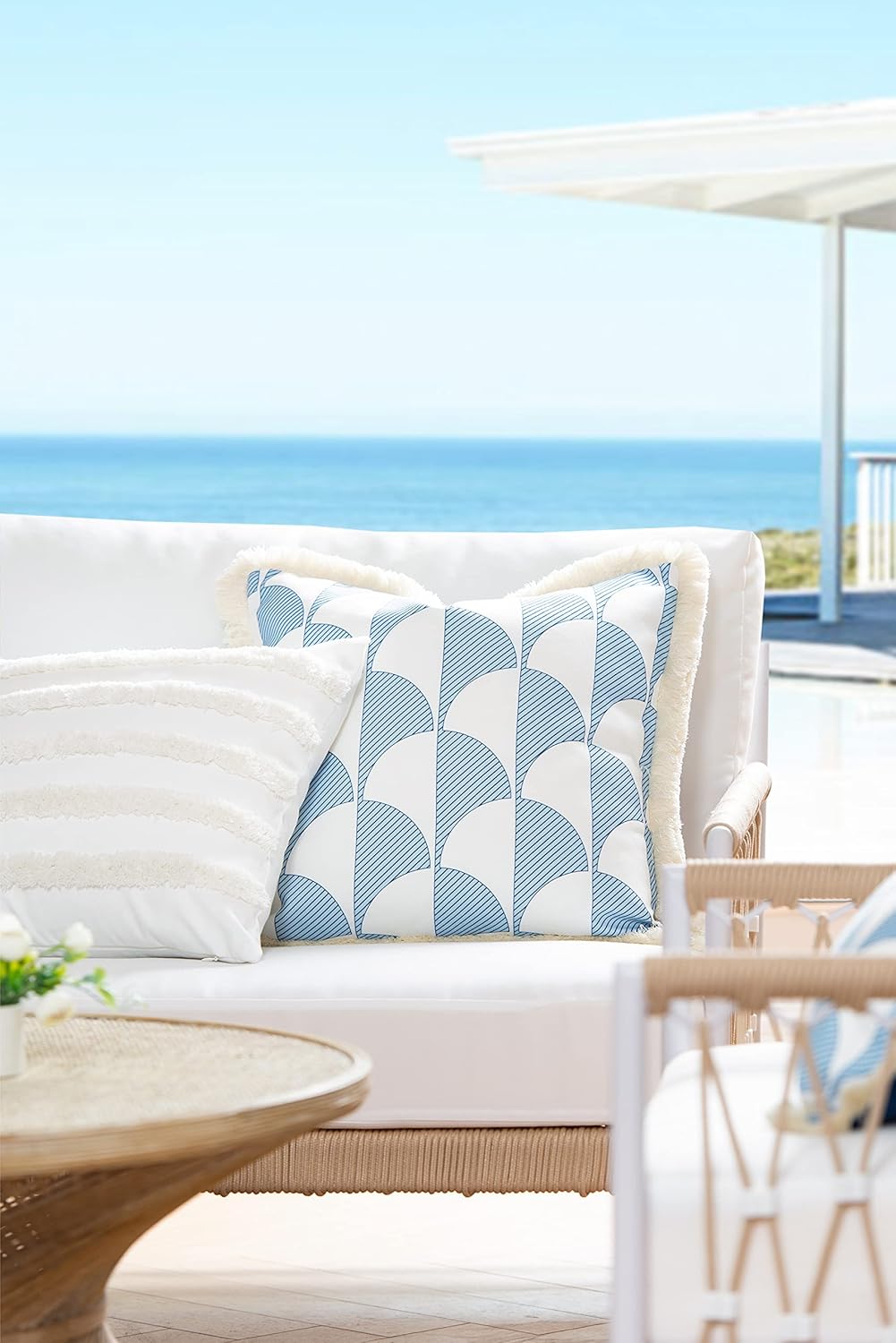 Hofdeco Premium Coastal Patio Tufted Indoor Outdoor Throw Pillow Cover Only, 18"x18" Water Resistant for Backyard, Couch, White Fluffy Stripes