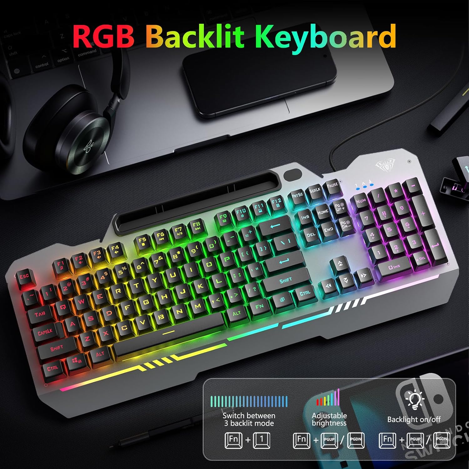 AULA Keyboard, T102 104 Keys Gaming Keyboard and Mouse Combo with RGB Backlit Number Pad, All-Metal Panel Waterproof Light Up PC Keyboard, USB Wired Computer Keyboards Gaming for MAC Xbox PC Gamer - Open Box