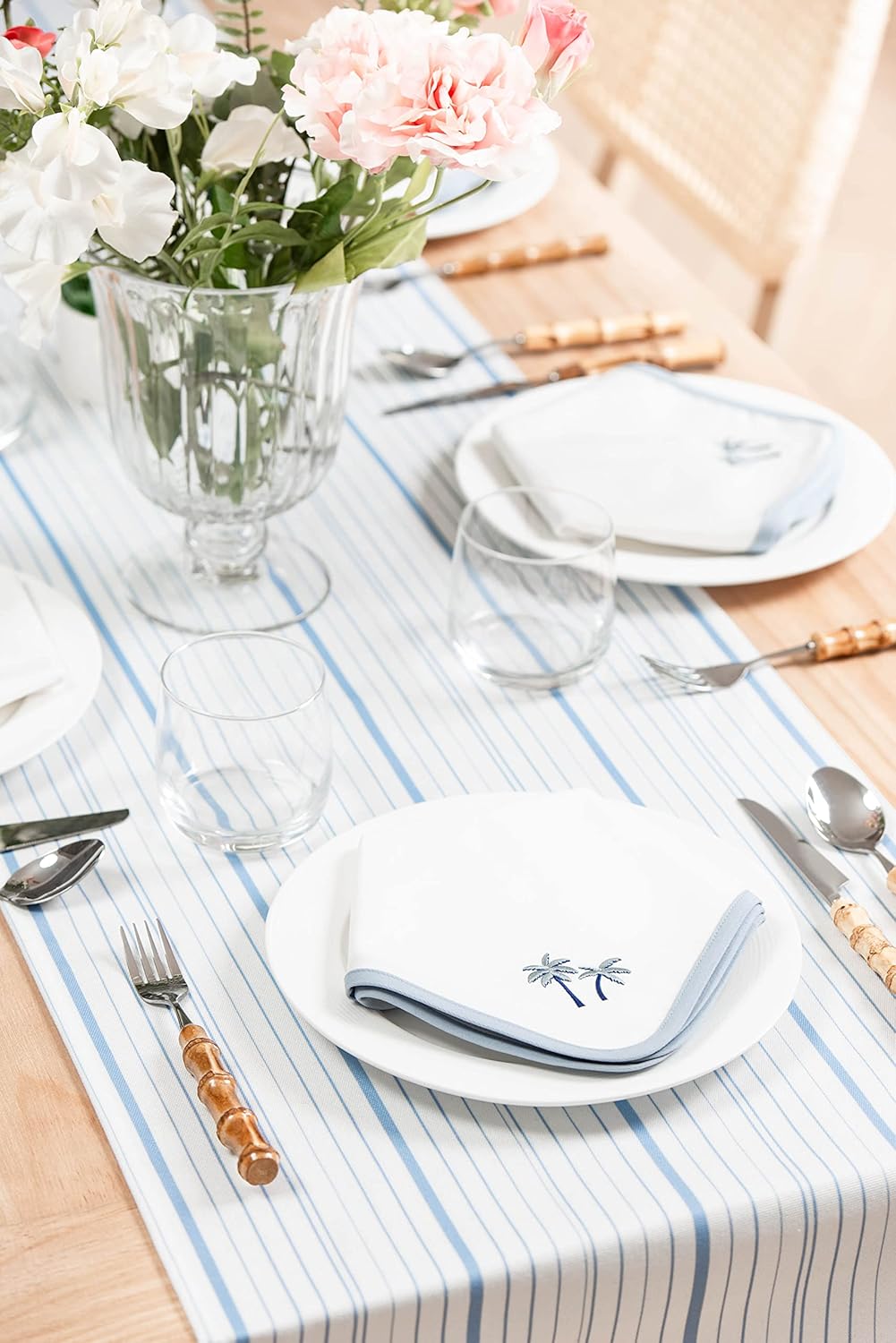 Hofdeco Premium Coastal Indoor Outdoor Blue Table Runner, 18“x108” Waterproof Dining for Patios, Missi Stripe Tassel - Open Box