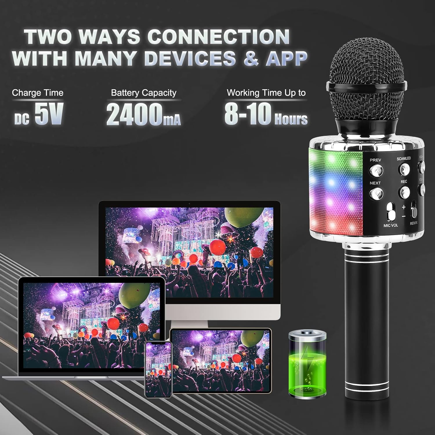 BlueFire 4 in 1 Karaoke Wireless Microphone with LED Lights, Portable Microphone for Kids, Great Gifts Toys for Kids, Girls, Boys and Adults (Black) - Open Box