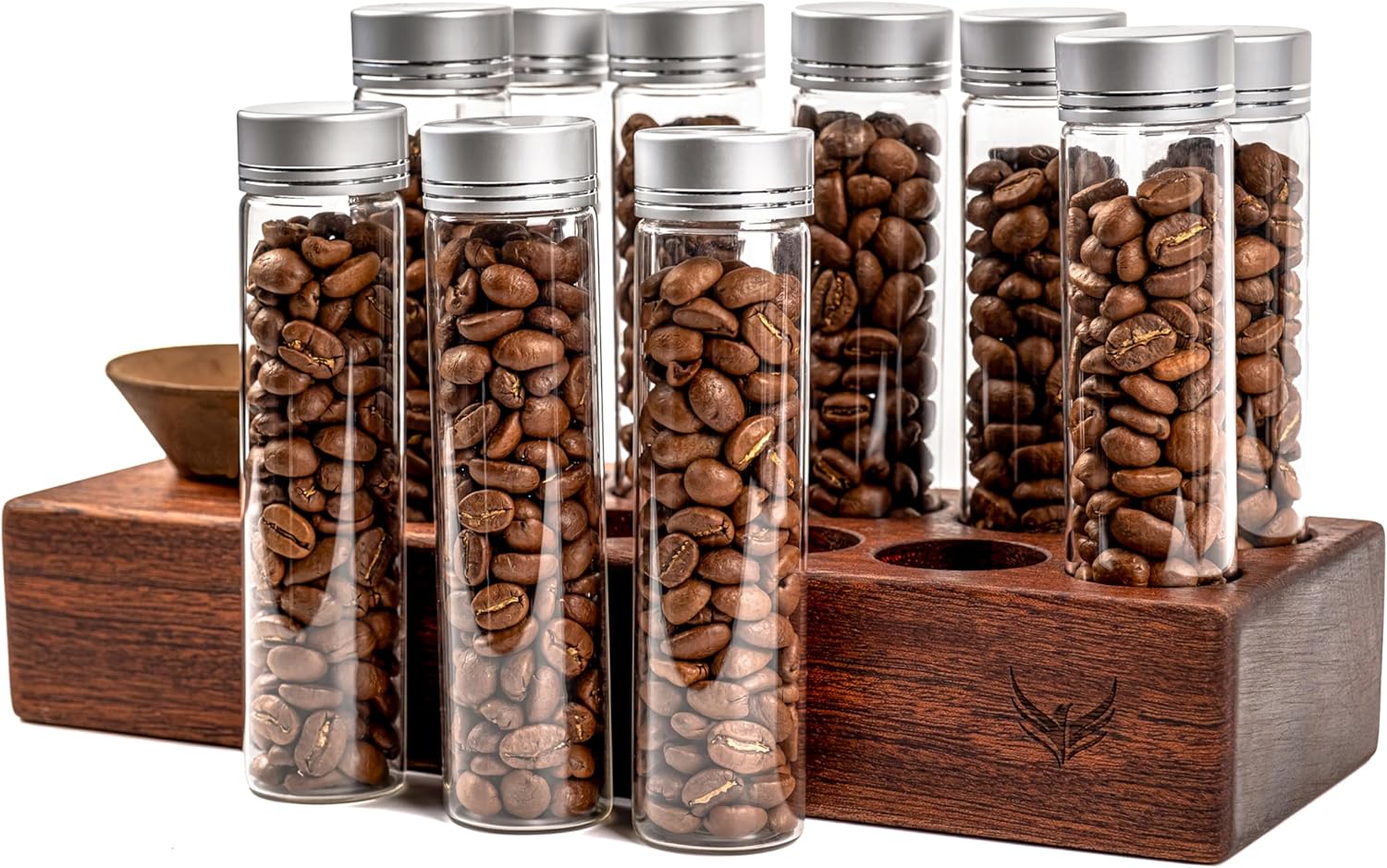 Single Dose Coffee Bean Storage Tubes Coffee Bean Cellar 10 Pcs Dosing Glass Vials With Lids (2 Oz) Wooden Display Stand And Funnel  - Open Box