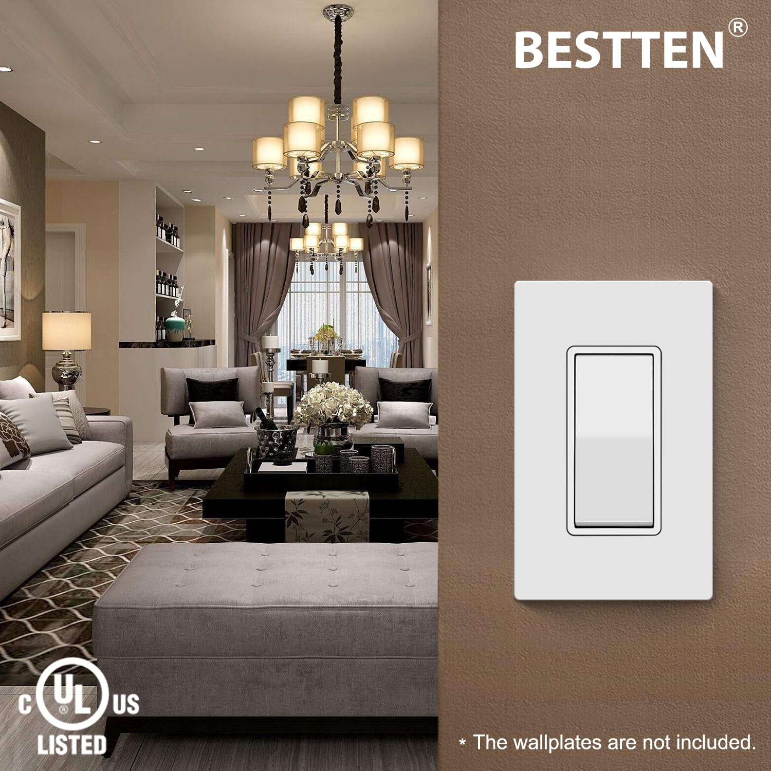 BESTTEN 10 Pack Single Pole Decorator Wall Light Switch, 15A 120/277V, Paddle Light Switch, On/Off Rocker Interrupter, UL Listed, White - Open Box