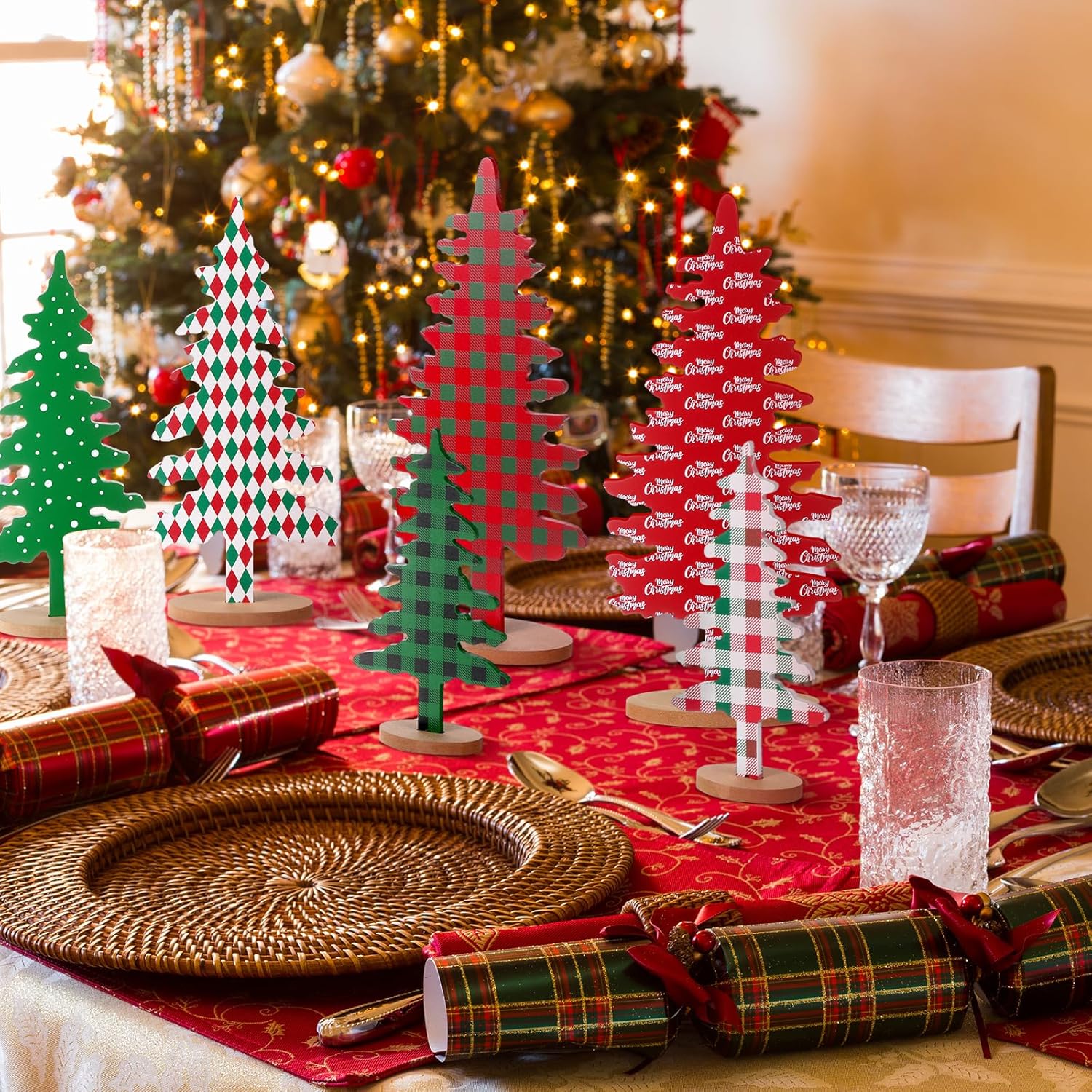 6 Pieces Wood Christmas Tree Sign Decor Farmhouse Christmas Decorative Freestanding Trees Christmas Tiered Tray Decor Tabletop Christmas Tree for Home Office Party Xmas Centerpieces (Red Green Tree) - Open Box
