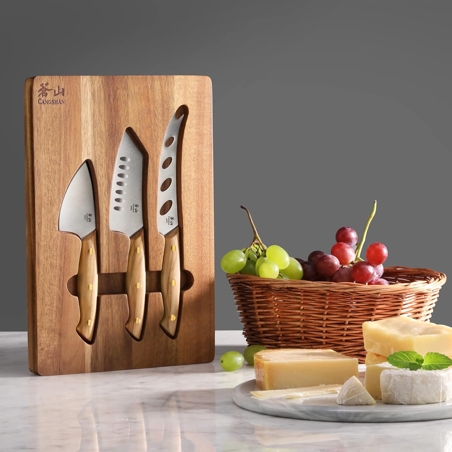 Cangshan 1027327 3-Piece Olive Wood Cheese Knife Set with Acacia Cheese Board
