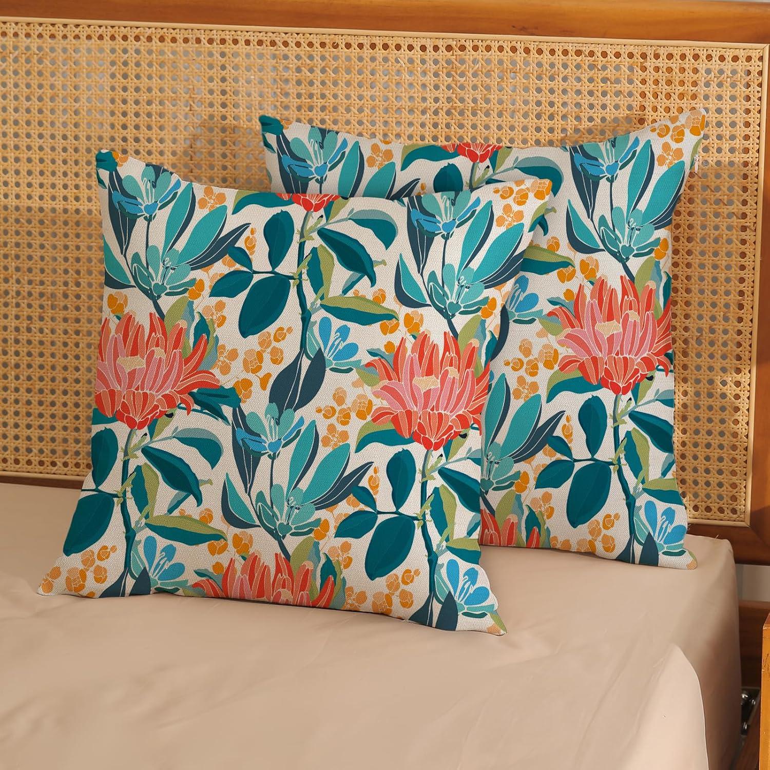 Boho Outdoor Pillow Covers 18x18 Inch 2 Pcs Aqua Teal Coral Colorful Leaf Floral Decor Throw Pillows Cover