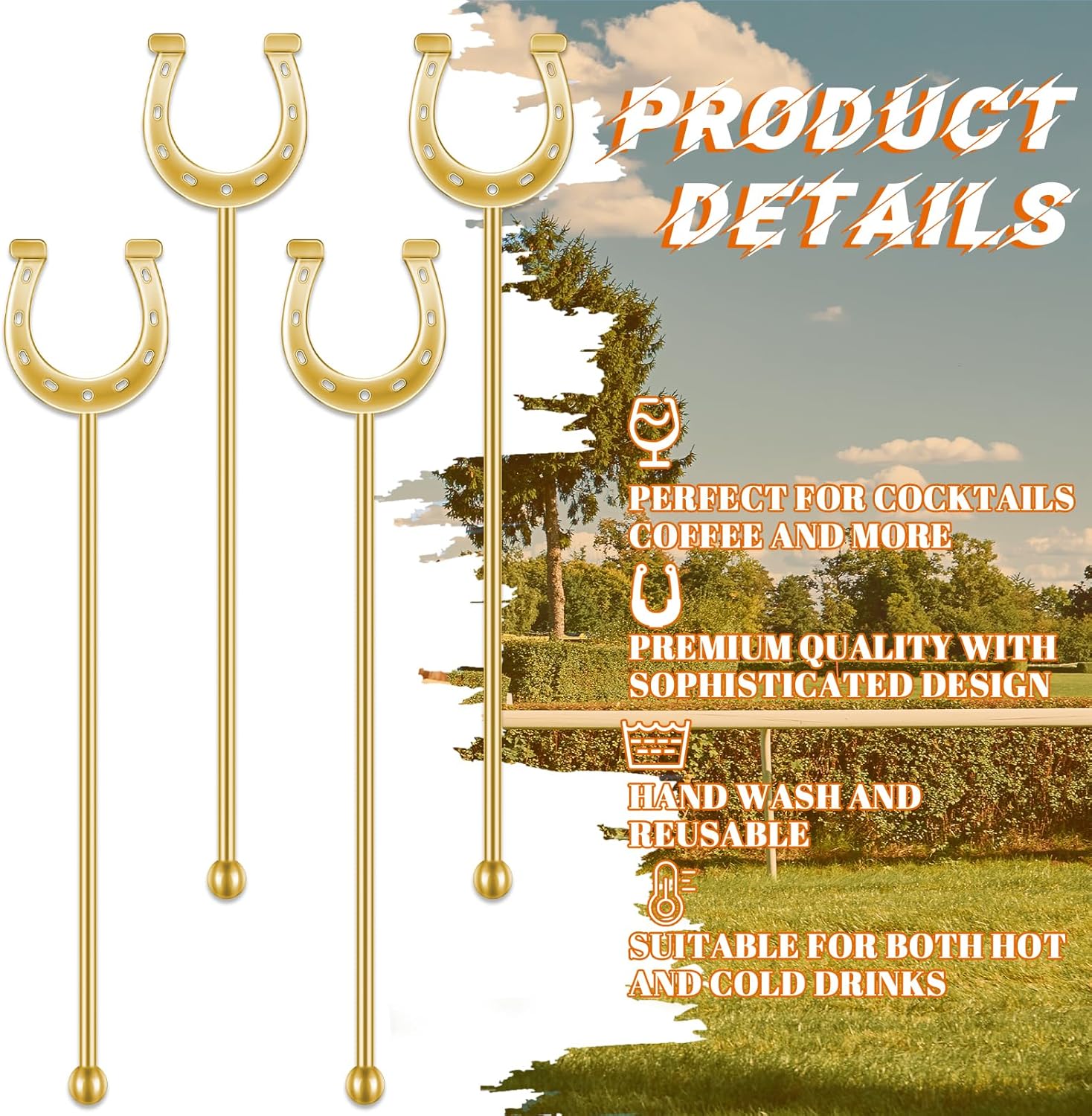 6 Inch Derby Drink Plastic Stirrers Swizzle Sticks for Cocktails Coffee Reusable U Shaped Horseshoe Drink Stirrers for Coffee Beverage Party Bar Weddings Events(Gold,30 Pcs) - Open Box