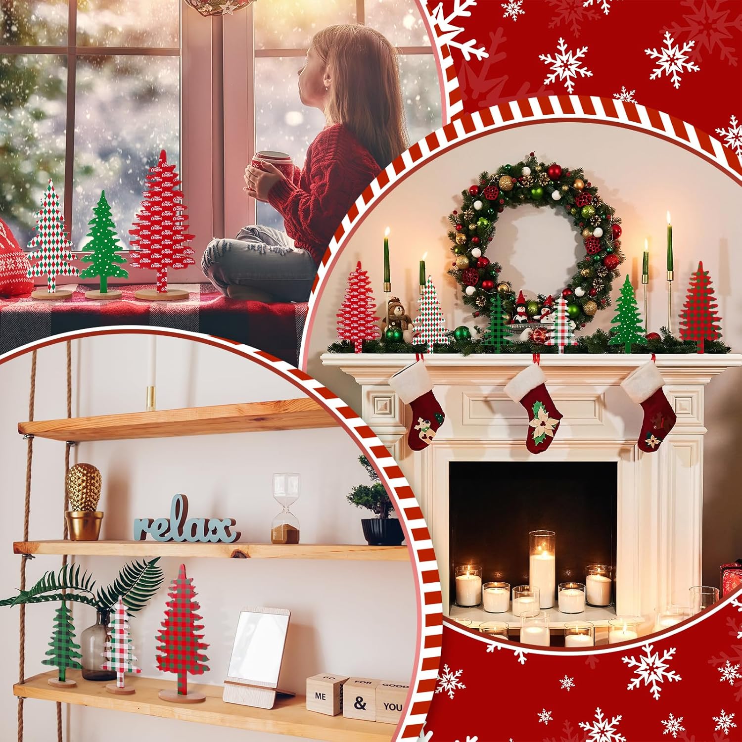 6 Pieces Wood Christmas Tree Sign Decor Farmhouse Christmas Decorative Freestanding Trees Christmas Tiered Tray Decor Tabletop Christmas Tree for Home Office Party Xmas Centerpieces (Red Green Tree) - Open Box