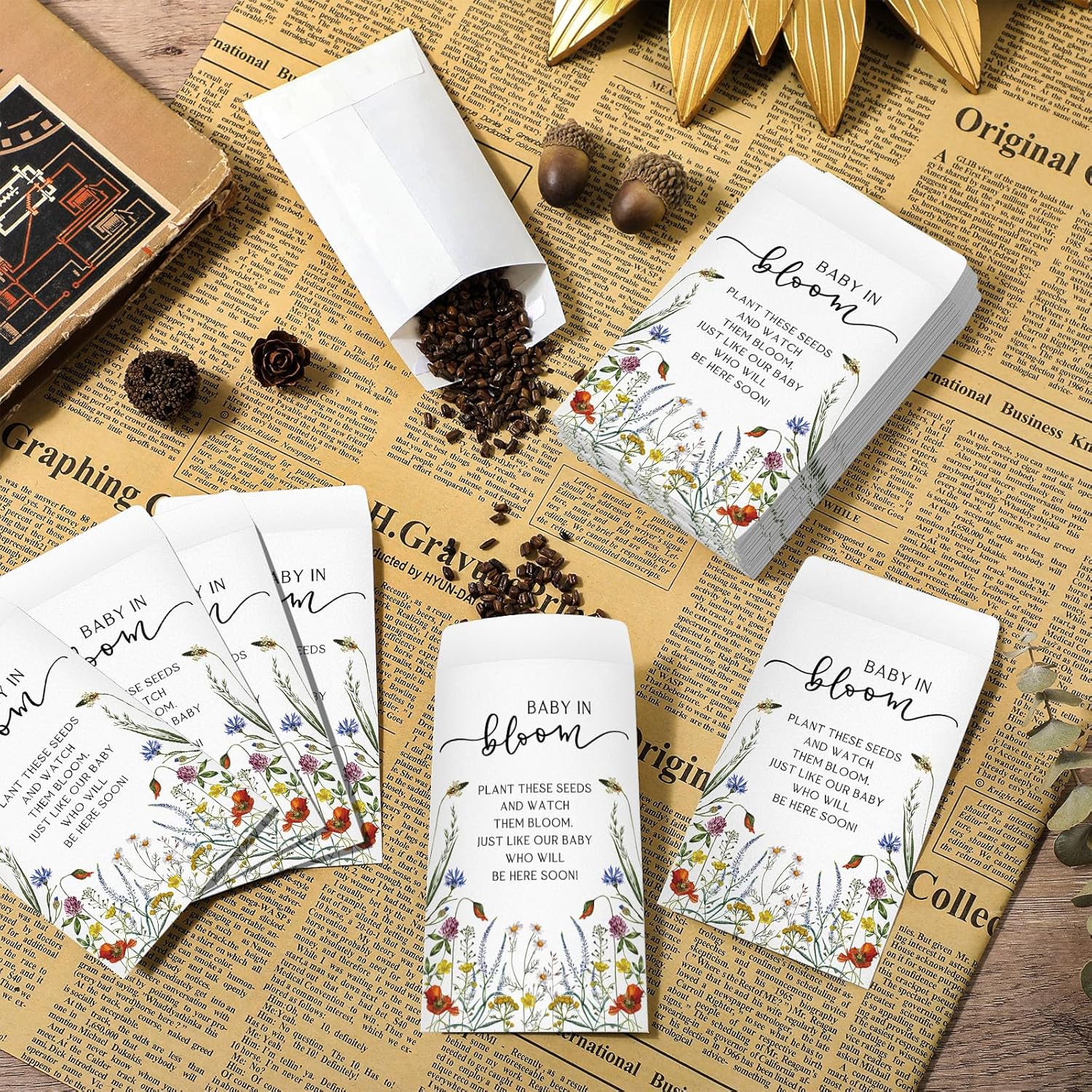 Fumete 100 Pcs Baby in Bloom Seed Packet Favors Wildflower Baby Shower Self Adhesive Envelopes for Guests Flower Packet Kraft Mini Organizer Decorations for Party Gift Favors, No Seeds (Wildflower) - Open Box