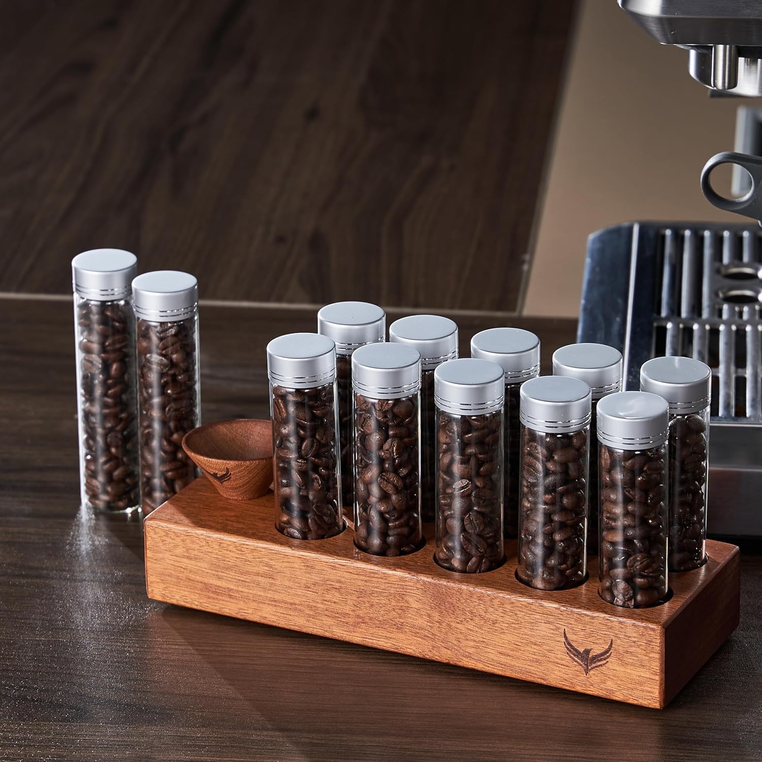 Single Dose Coffee Bean Storage Tubes Coffee Bean Cellar 10 Pcs Dosing Glass Vials With Lids (2 Oz) Wooden Display Stand And Funnel  - Open Box