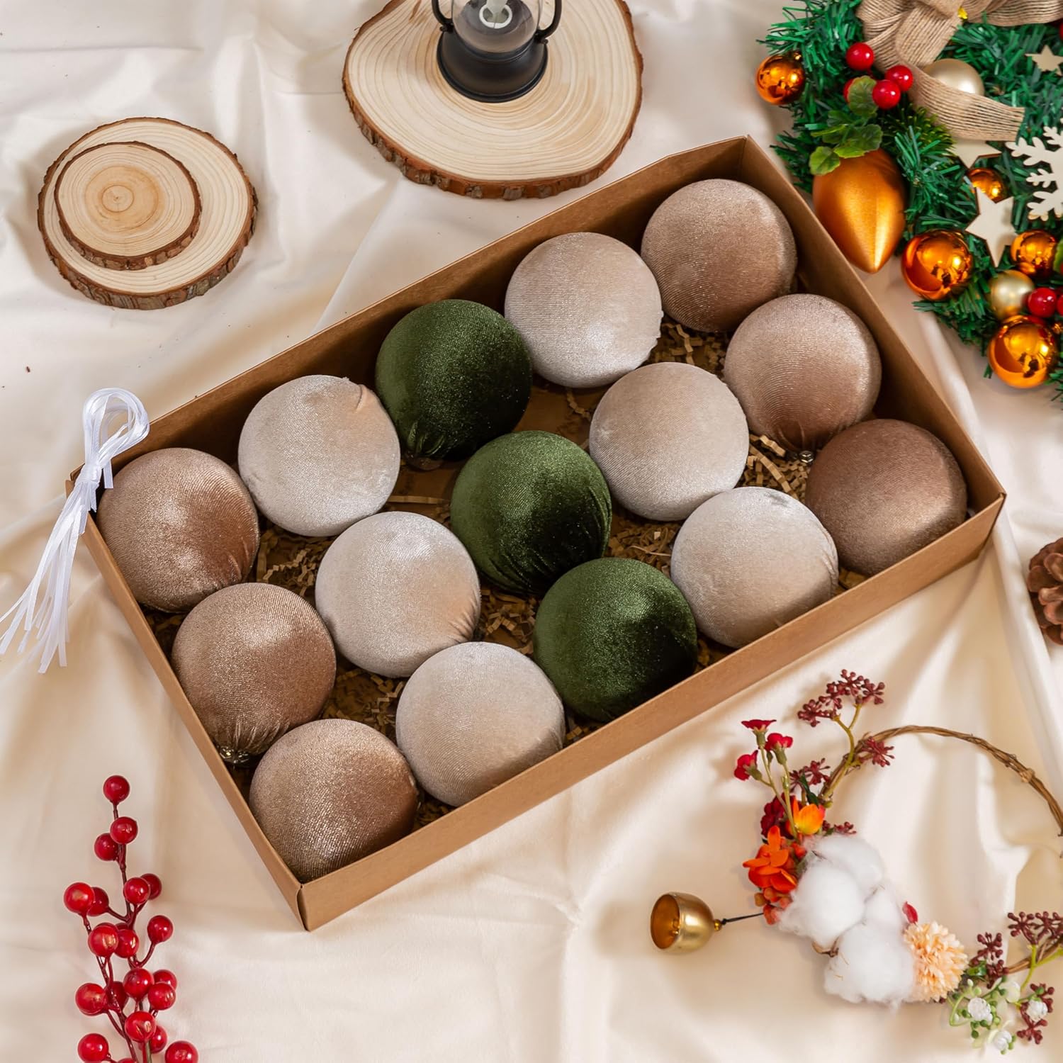 Christmas Ball Ornaments, 15 Pcs Green & Coffee Ornaments with Velvet, Multicolor Xmas Tree Decorations for Christmas Tree Holiday Decor - Open Box