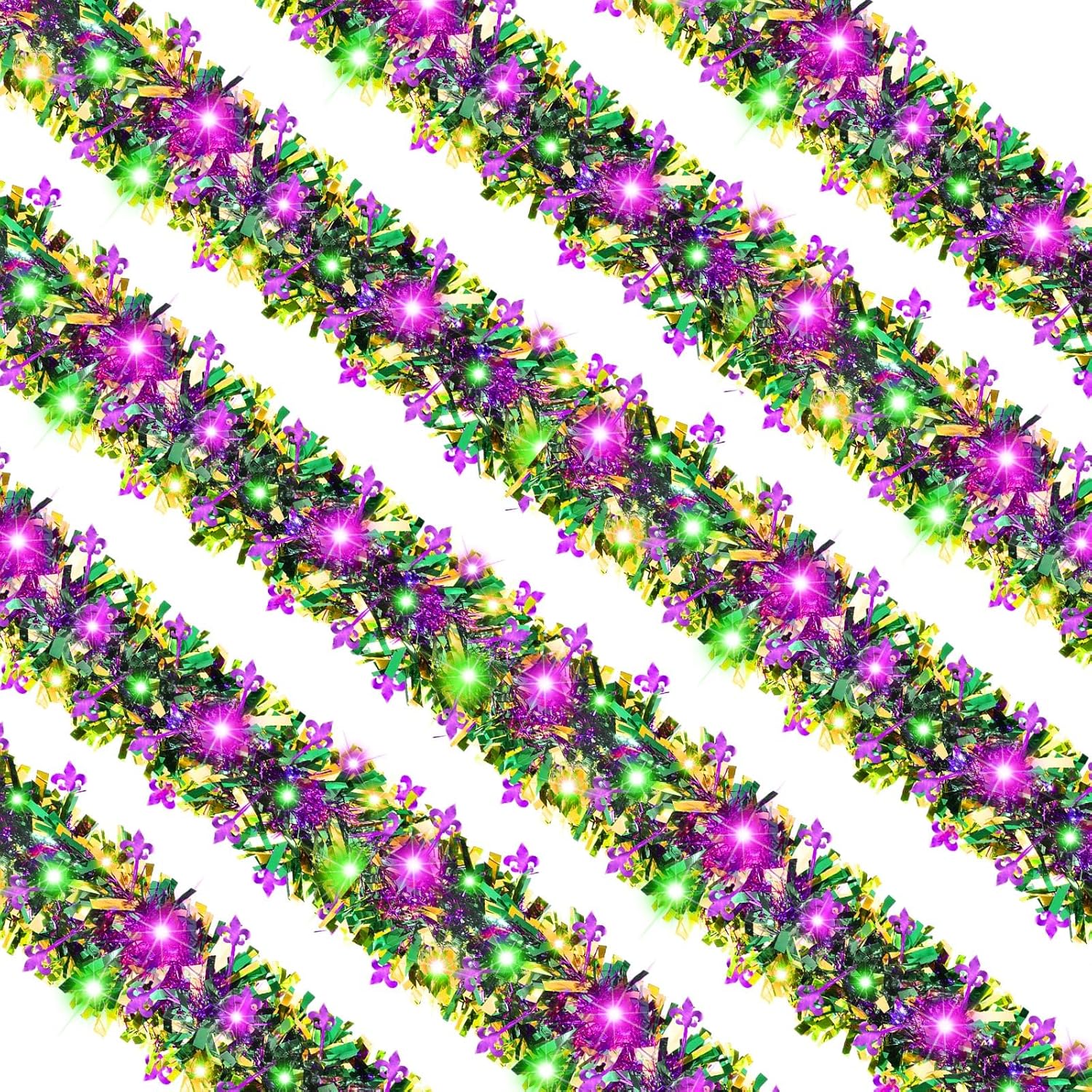 Kajaia 65.6 Feet Mardi Gras Tinsel Garland with Lights Decorations for Carnival Tree Parade Metallic Garland Ornaments for Carnival Party Front Door Indoor Outdoor Decor - Open Box
