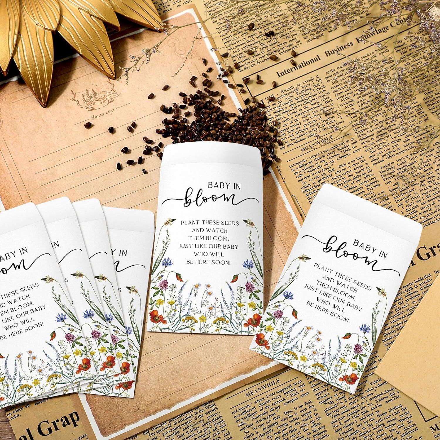Fumete 100 Pcs Baby in Bloom Seed Packet Favors Wildflower Baby Shower Self Adhesive Envelopes for Guests Flower Packet Kraft Mini Organizer Decorations for Party Gift Favors, No Seeds (Wildflower) - Open Box