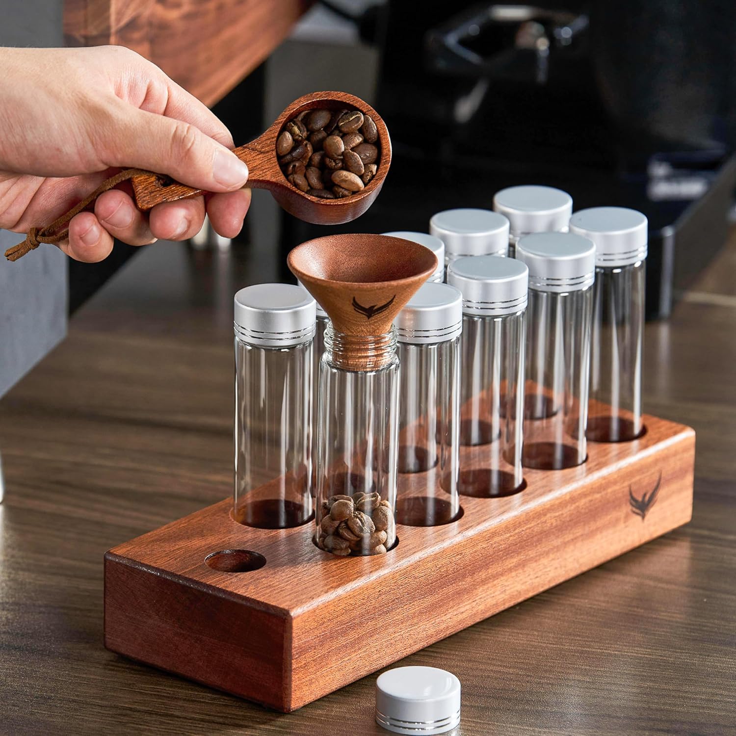 Single Dose Coffee Bean Storage Tubes Coffee Bean Cellar 10 Pcs Dosing Glass Vials With Lids (2 Oz) Wooden Display Stand And Funnel  - Open Box