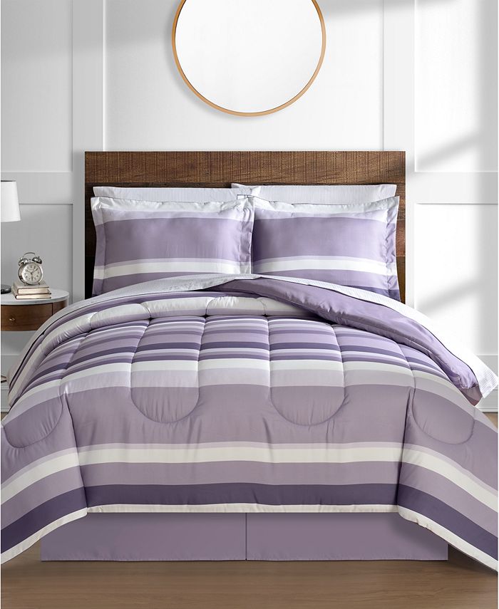 Austin Stripe/Solid Reversible 8 Pc. Comforter Set, Exclusively at Macy’s - Purple - Queen