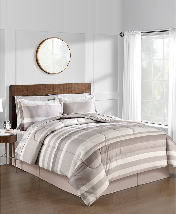Austin Stripe/Solid Reversible 8 Pc. Comforter Set, Created for Macy's - Tan/Beige - King