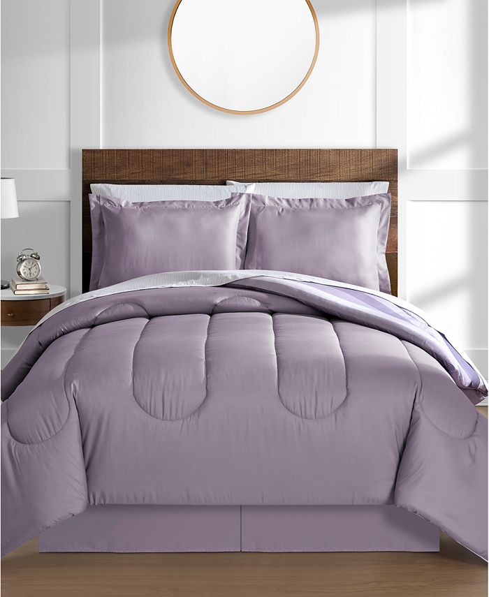 Austin Stripe/Solid Reversible 8 Pc. Comforter Set, Exclusively at Macy’s - Purple - Queen