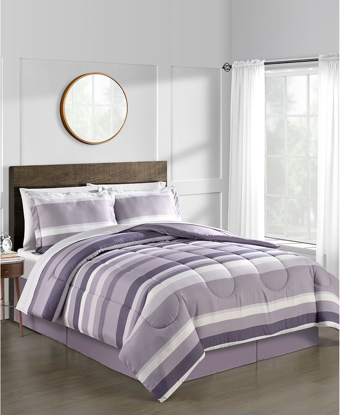 Austin Stripe/Solid Reversible 8 Pc. Comforter Set, Exclusively at Macy’s - Purple - Queen