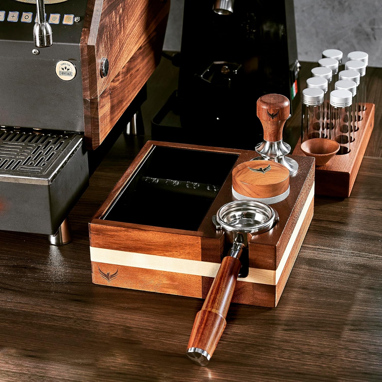 Single Dose Coffee Bean Storage Tubes Coffee Bean Cellar 10 Pcs Dosing Glass Vials With Lids (2 Oz) Wooden Display Stand And Funnel  - Open Box
