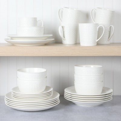 Martha Stewart Basket Weave 30-Piece New Bone China Embossed Porcelain Dinnerware Set