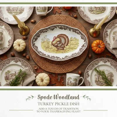 Spode Woodland Turkey Pickle Dish – 8.5 Inch Porcelain Serving Dish – Microwave, Oven, Freezer & Dishwasher Safe, Rustic Thanksgiving Serveware