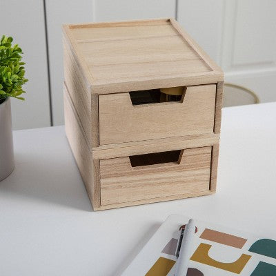 Martha Stewart 2pc Stackable Boxes with Drawers Natural Wood: Desk Organizer Set for Office & Drawer Organization