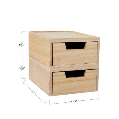 Martha Stewart 2pc Stackable Boxes with Drawers Natural Wood: Desk Organizer Set for Office & Drawer Organization