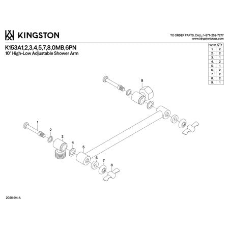 Kingston Brass K153A8 10-Inch Adjustable High-Low Shower Arm in Brushed Nickel