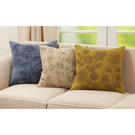 SARO 686.T20SD 20 in. Square Taupe Stone Washed Floral Throw Pillow with Down Filling