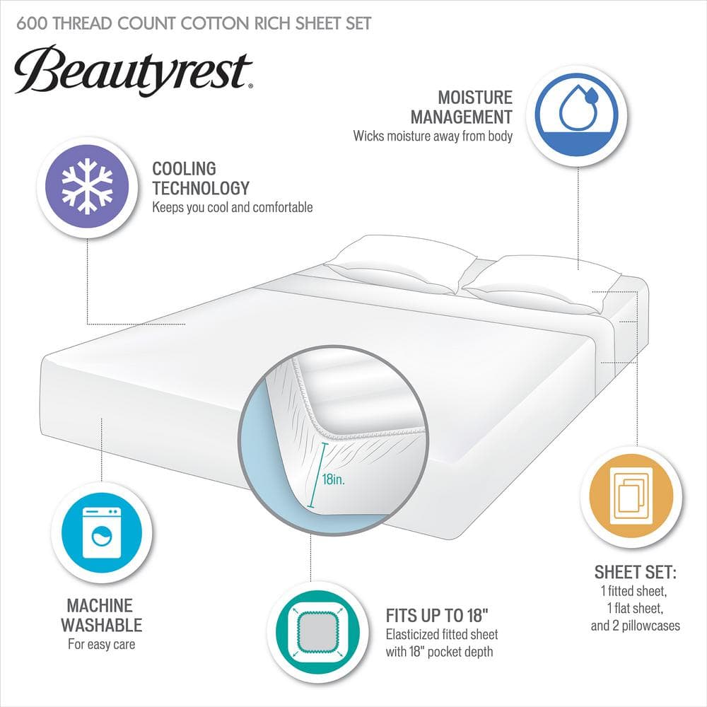 600 Thread Count 4-Piece Grey Cooling Cotton Queen Sheet Set