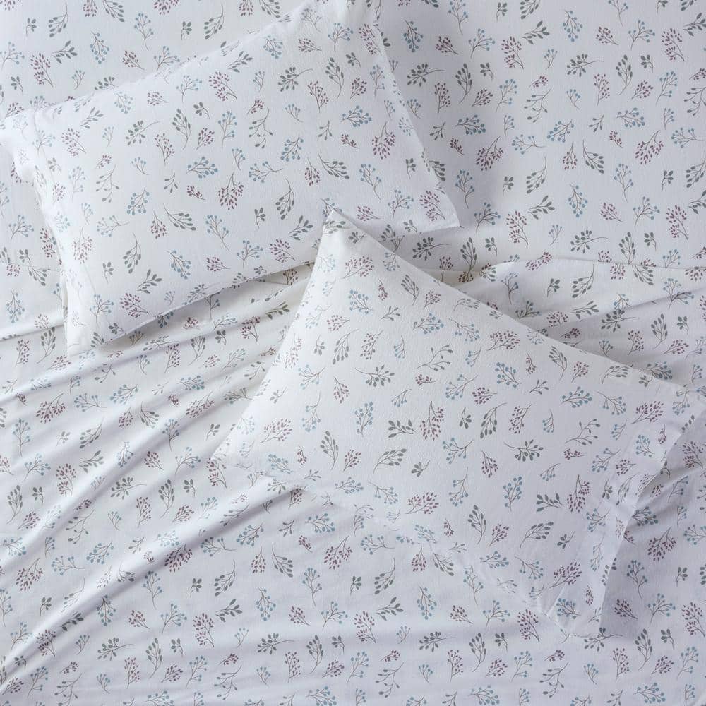 Oversized Cotton Flannel 4-Piece White Tossed Botanical Queen Sheet Set